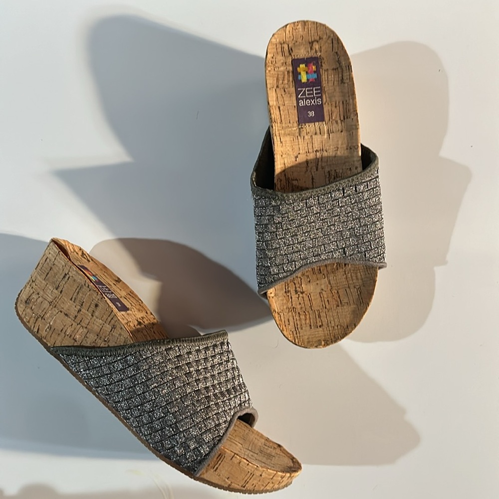 Zee Alexis Grey Metallic Woven Slide Style Sandal Genuine Cork Wedge & Foot Bed